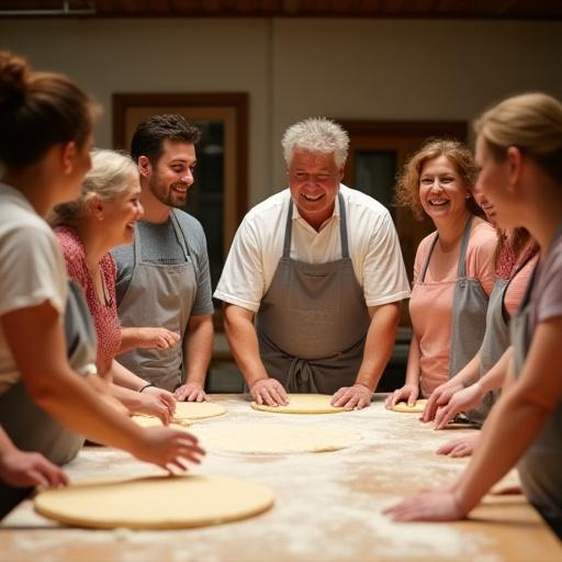 Un gruppo di persone sorridenti che imparano a fare la pizza durante un corso