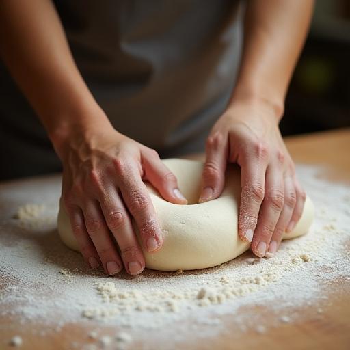 Mani che lavorano un impasto per pizza su un tavolo di legno infarinato