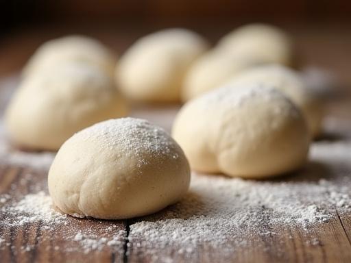 Dettaglio di impasti di pizza in lievitazione su un tavolo di legno