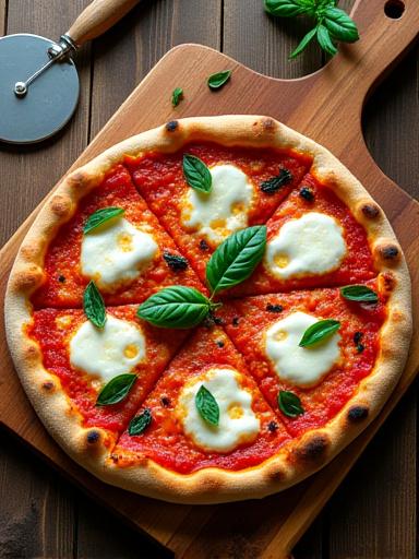 Pizza con mozzarella di bufala, pomodoro e basilico fresco su tagliere