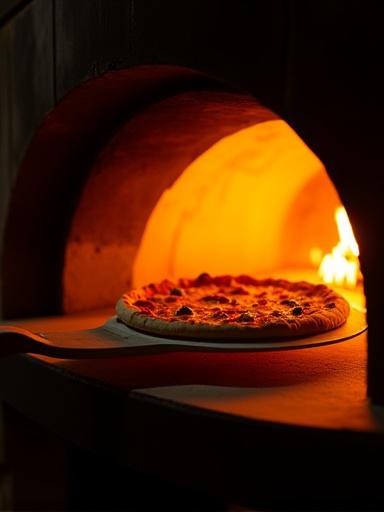 Un pizzaiolo che inforna una pizza nel forno a legna