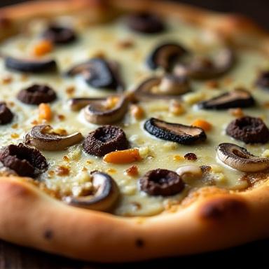 Pizza speciale 'Il Leone' con crema di tartufo e funghi porcini.